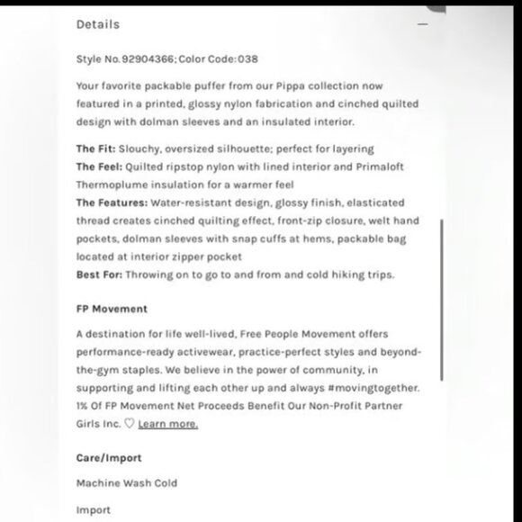 FREE PEOPLE FP MOVEMENT PACKABLE SCRUNCHY HERITAGE COMBO PIPPA PUFFER JACKET S/M - Picture 5 of 11